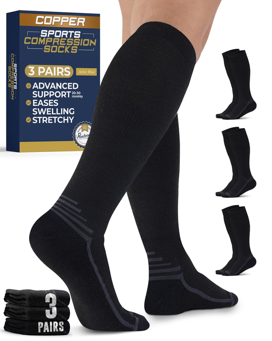Pembrook 3 Pairs Copper Compression Socks for Women & Men - Compression Socks 20-30 mmHg, Running, Nursing, Pregnancy, Travel