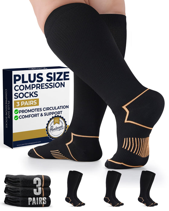 Pembrook Plus Size Compression Socks Wide Calf - 3 Pairs, 20-30mmHg Extra Wide Calf Compression Socks Women & Men, Up to 4XL