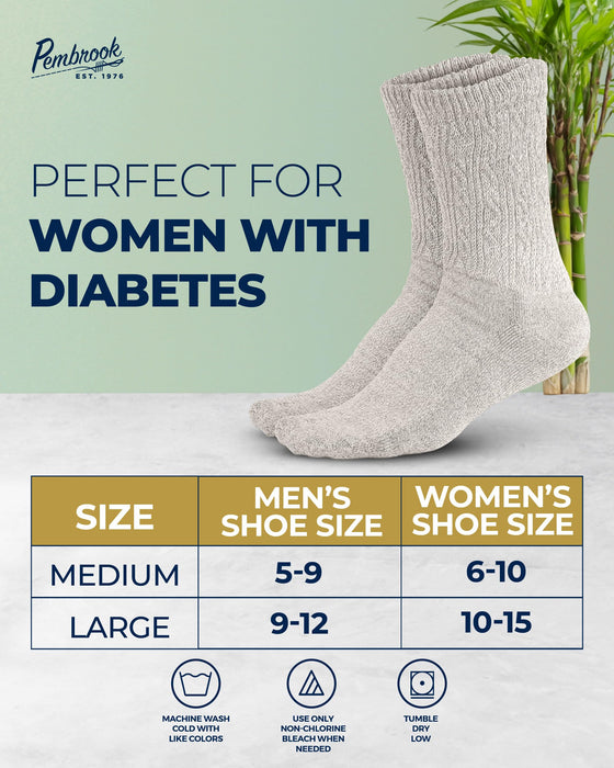Pembrook Diabetic Socks for Women - 6 Pairs Cable Knit Viscose Bamboo Socks Woman, Non-Binding Top, Moisture-Wicking