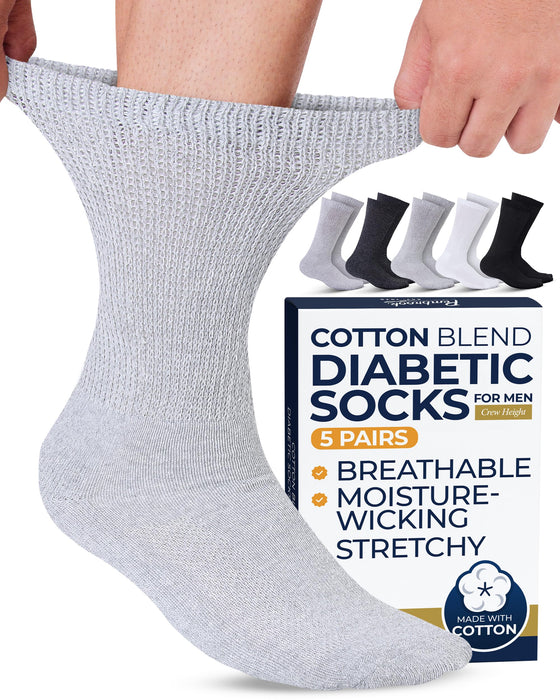 Pembrook Cotton Diabetic Socks for Men - 5 Pairs Crew Diabetic Socks for Men 9-12 & 12-15, Non-Binding, Moisture-Wicking