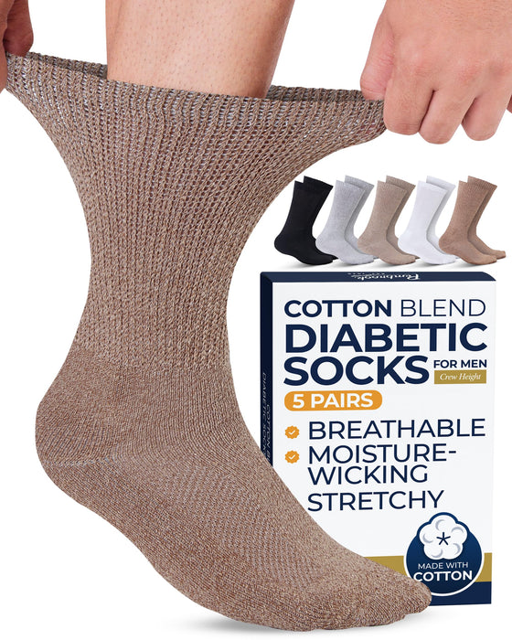 Pembrook Cotton Diabetic Socks for Men - 5 Pairs Crew Diabetic Socks for Men 9-12 & 12-15, Non-Binding, Moisture-Wicking