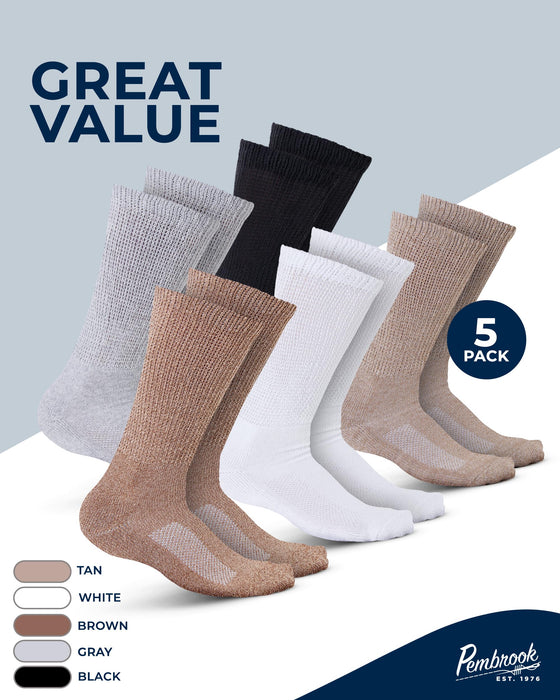 Pembrook Cotton Diabetic Socks for Men - 5 Pairs Crew Diabetic Socks for Men 9-12 & 12-15, Non-Binding, Moisture-Wicking
