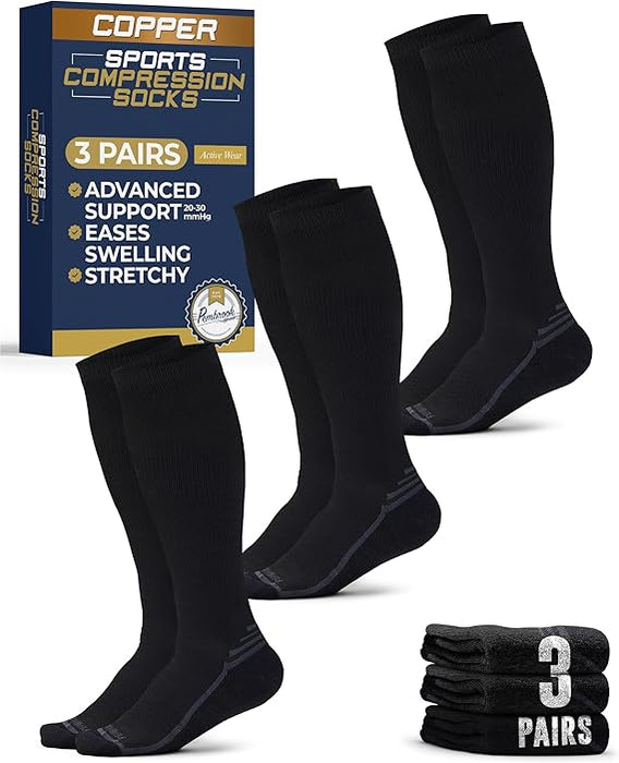 Pembrook 3 Pairs Copper Compression Socks for Women & Men - Compression Socks 20-30 mmHg, Running, Nursing, Pregnancy, Travel
