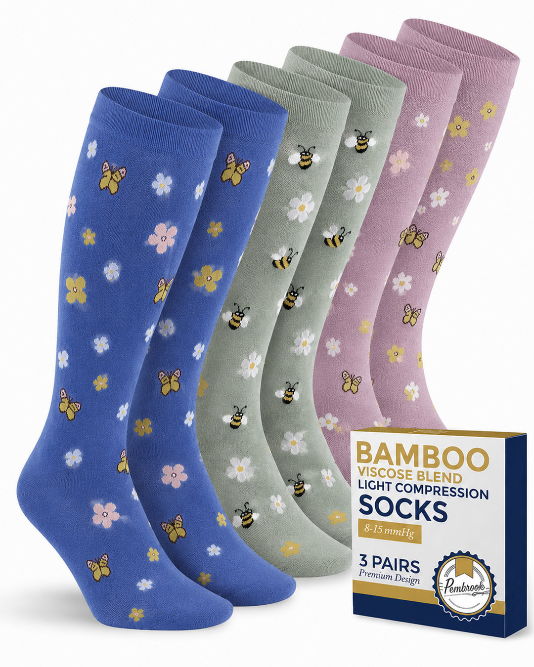 Pembrook Bamboo Light Compression Socks: 3 Pairs  | 8-15 mmHg