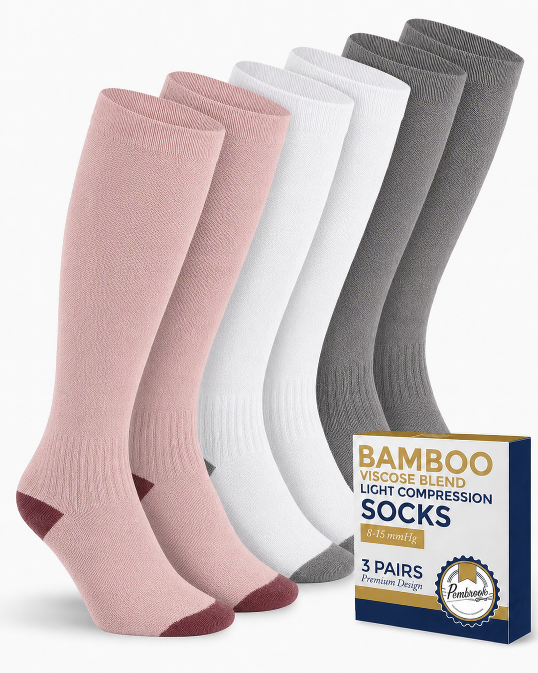 Pembrook Bamboo Light Compression Socks: 3 Pairs  | 8-15 mmHg