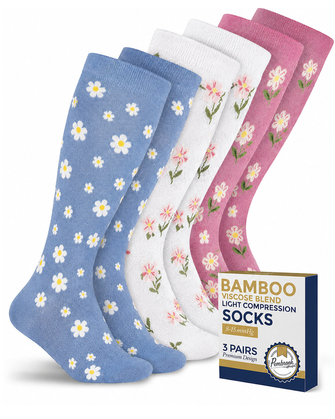 Pembrook Bamboo Light Compression Socks: 3 Pairs  | 8-15 mmHg