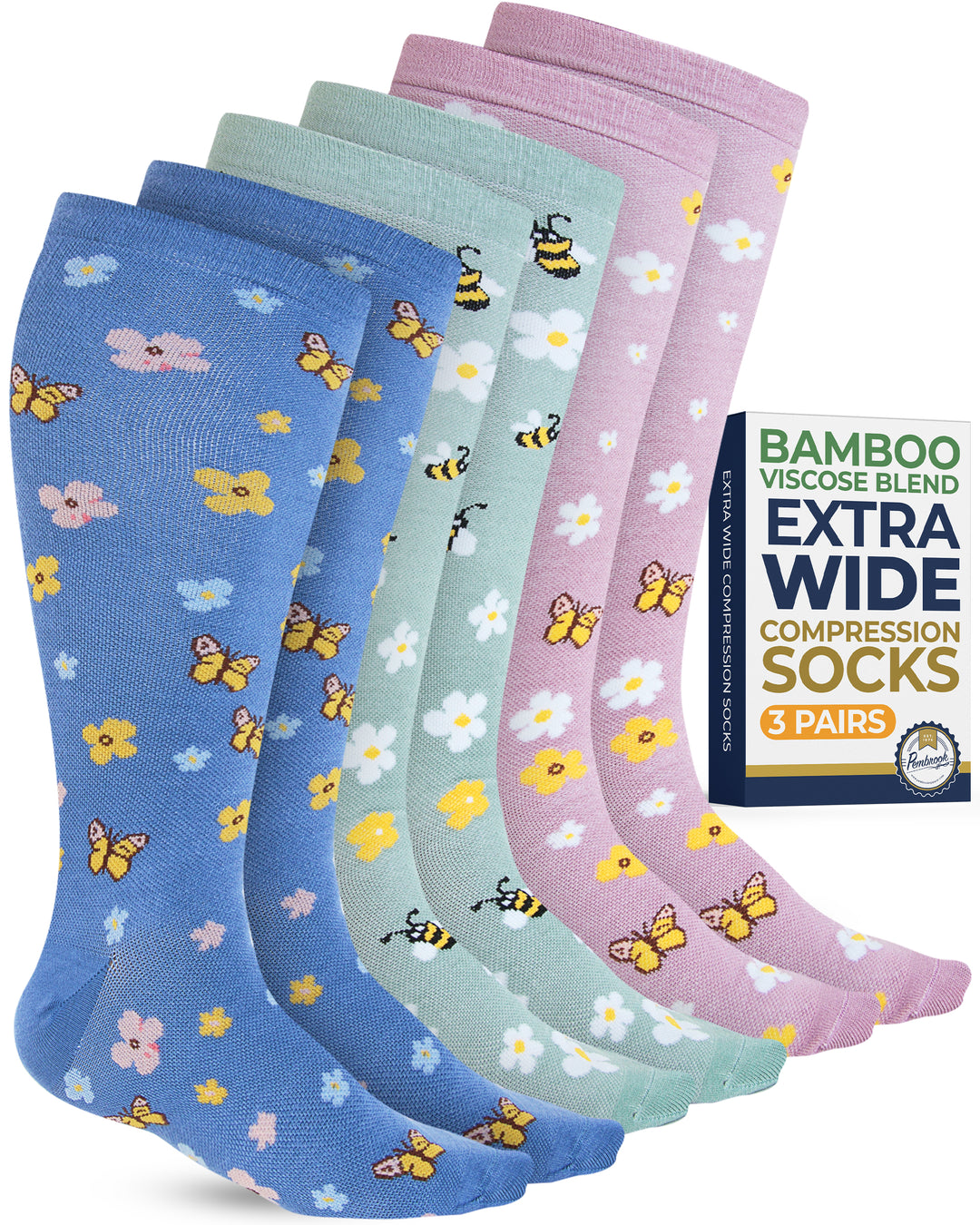 Pembrook Plus Size Wide Calf Compression Socks: 3 Pairs | 15-20 mmHg