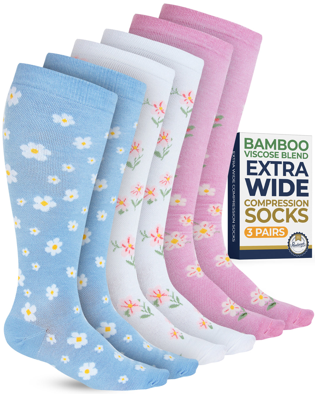 Pembrook Plus Size Wide Calf Compression Socks: 3 Pairs | 15-20 mmHg