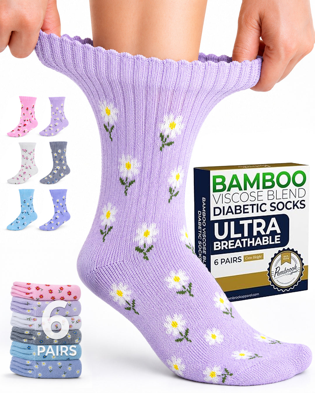Pembrook Diabetic Socks for Women - 6 Pairs Cable Knit Viscose Bamboo Socks