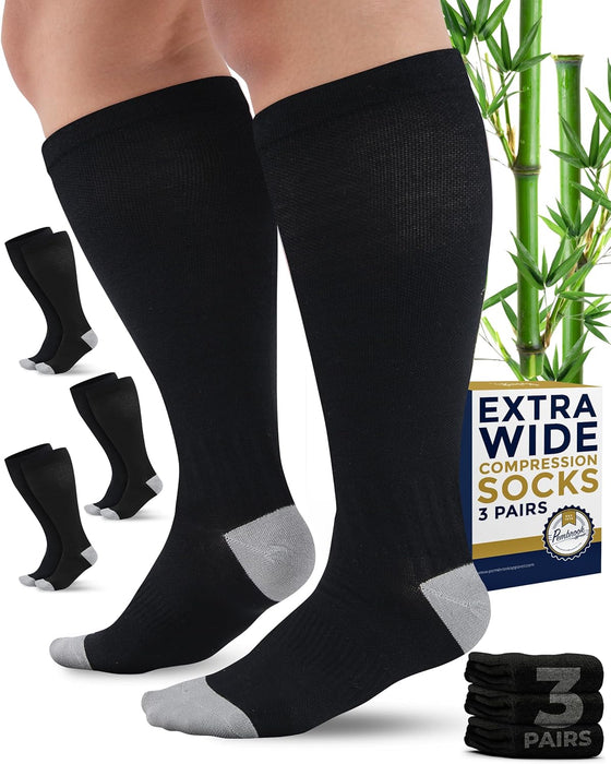 Pembrook 3 Pairs Plus Size Compression Socks Wide Calf - 15-20 mmHg Bamboo Viscose Compression Socks for Women Wide Calf
