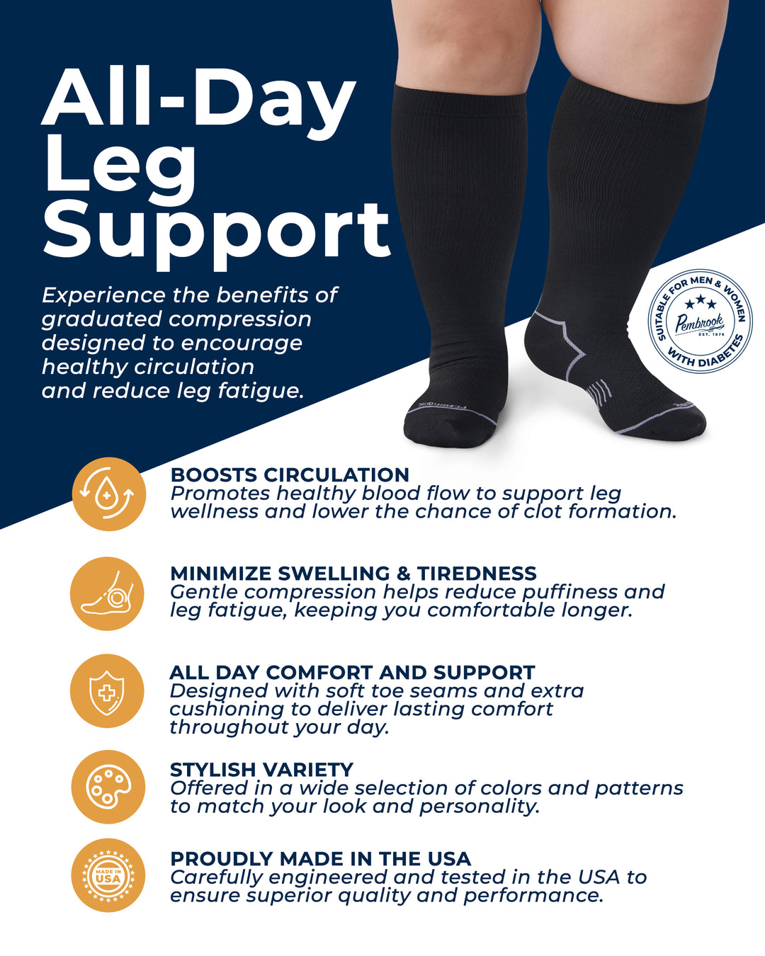 Pembrook Plus Size Compression Socks for Women Wide Calf - 3 Pairs, 20-30mmHg