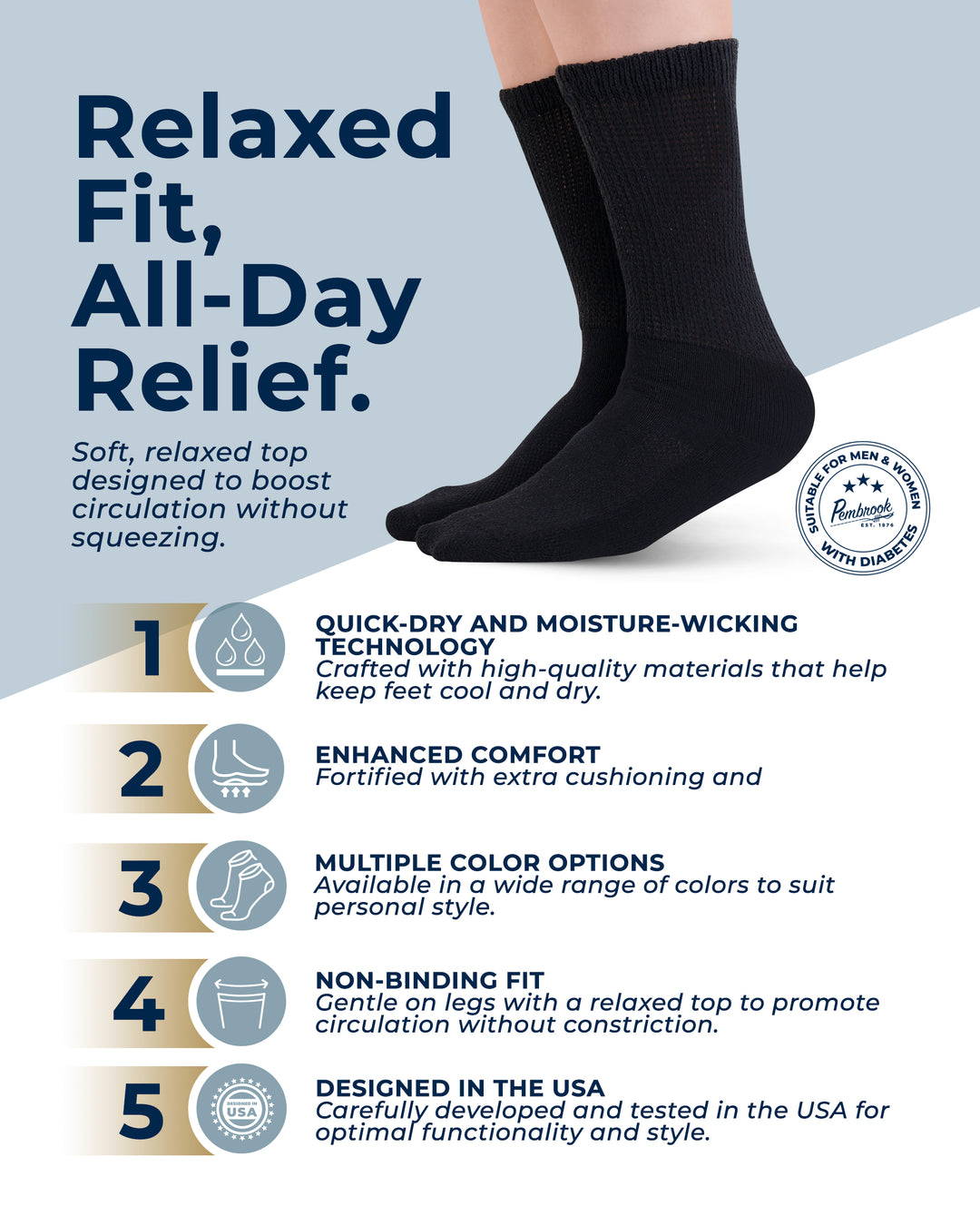 Pembrook Cotton Diabetic Socks for Men - 5 Pairs