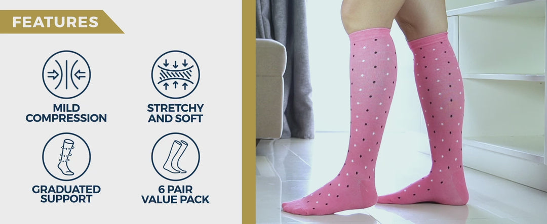 Pembrook Light Compression Socks for Women - 6 Pairs | 8-15 mmHg Cotton