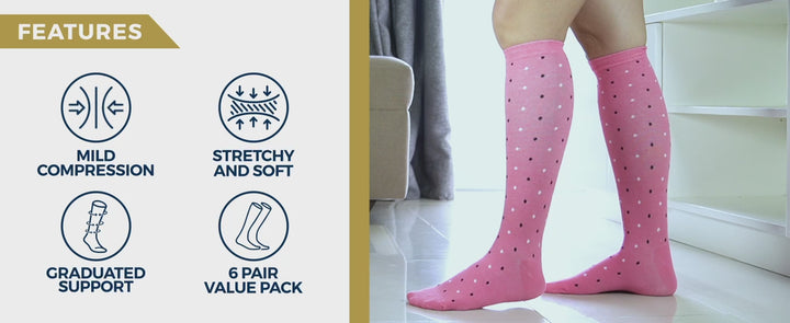 Pembrook Light Compression Socks for Women - 6 Pairs | 8-15 mmHg Cotton