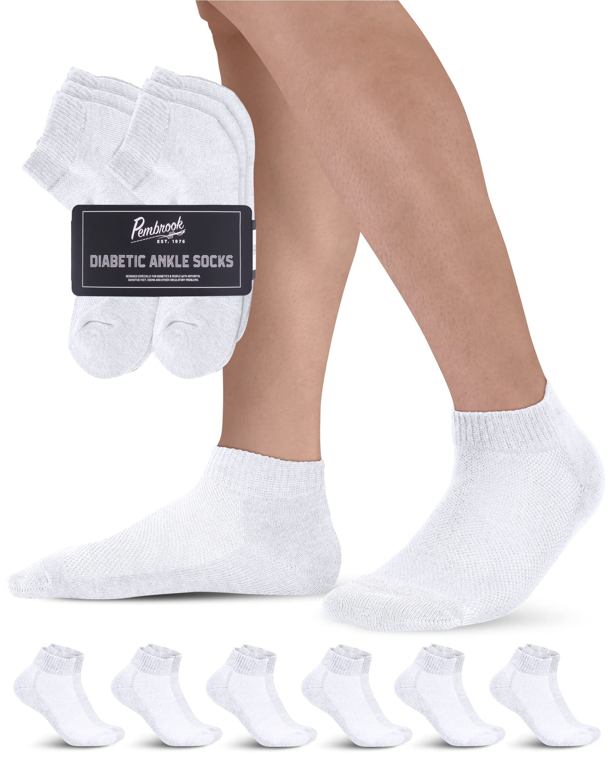 Pembrook Diabetic Ankle Socks for Men and Women 6 Pairs Low Cut Seam