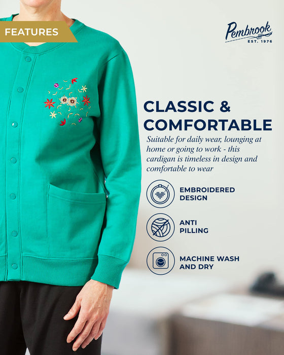 Pembrook Fleece Cardigans for Women with Pockets | Grandma Sweater with Snap Buttons | Embroidery Jackets Clothing for Senior