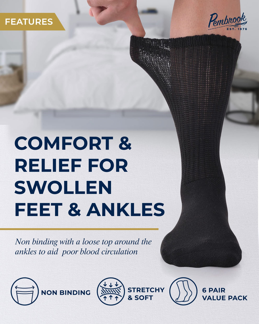 Pembrook Diabetic Socks with Grippers: 6 Pairs | 12 colors