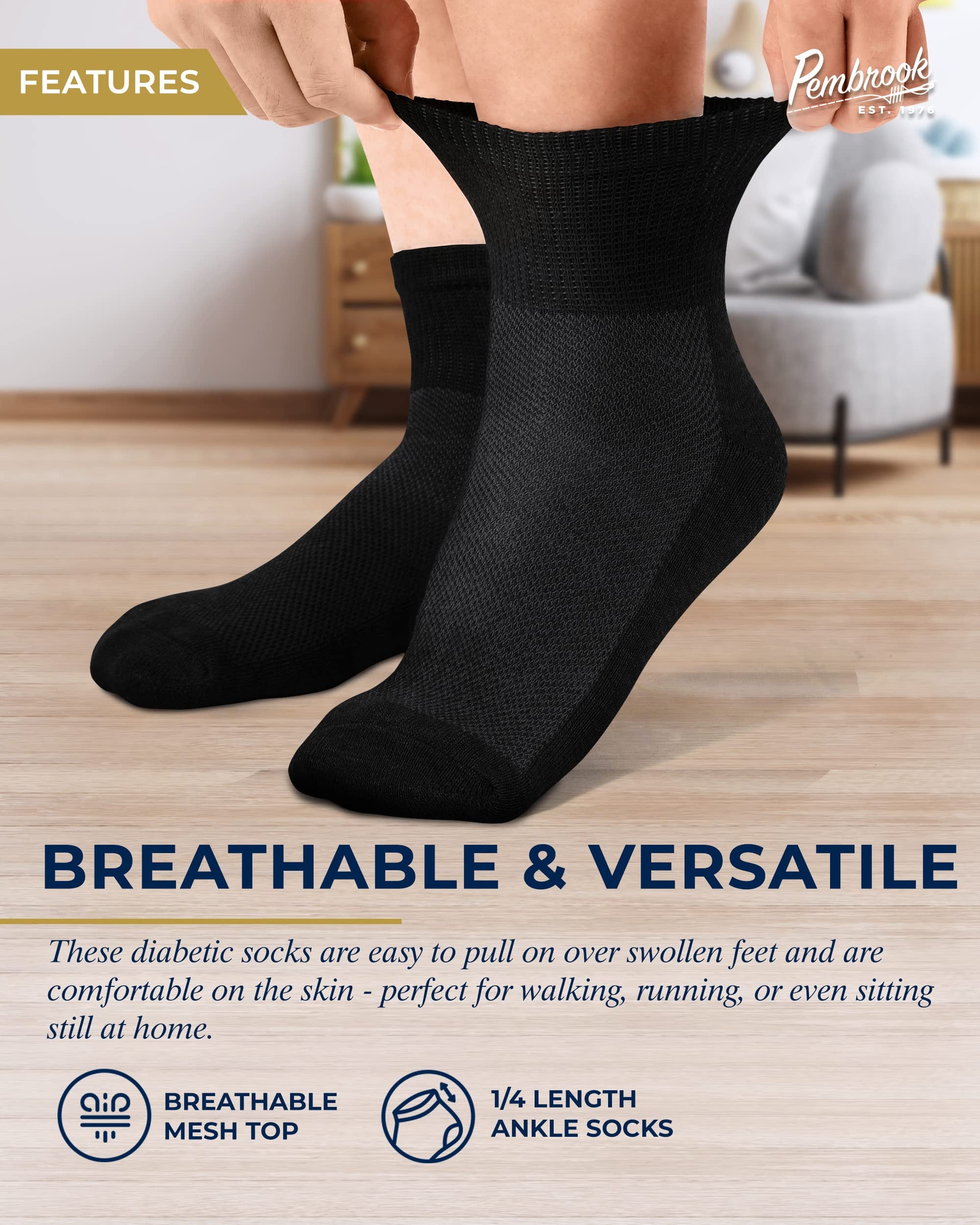 Pembrook Ankle Diabetic Socks for Women & Men 6 Pairs Wide Non Bin