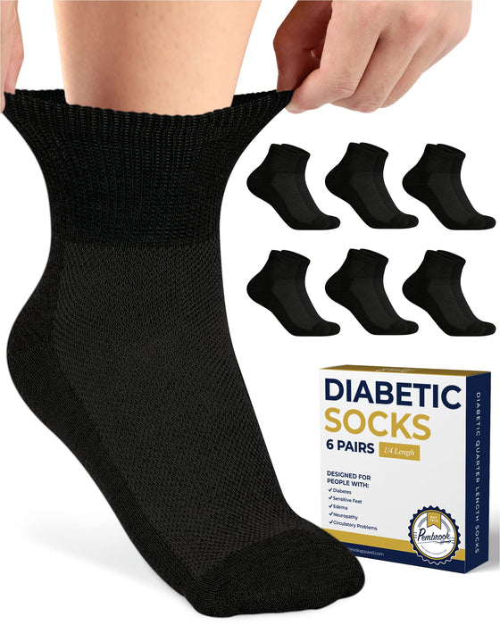 Pembrook Ankle Diabetic Socks for Women & Men | 6 Pairs | Wide Non Binding Socks Quarter Length | Edema Neuropathy Socks