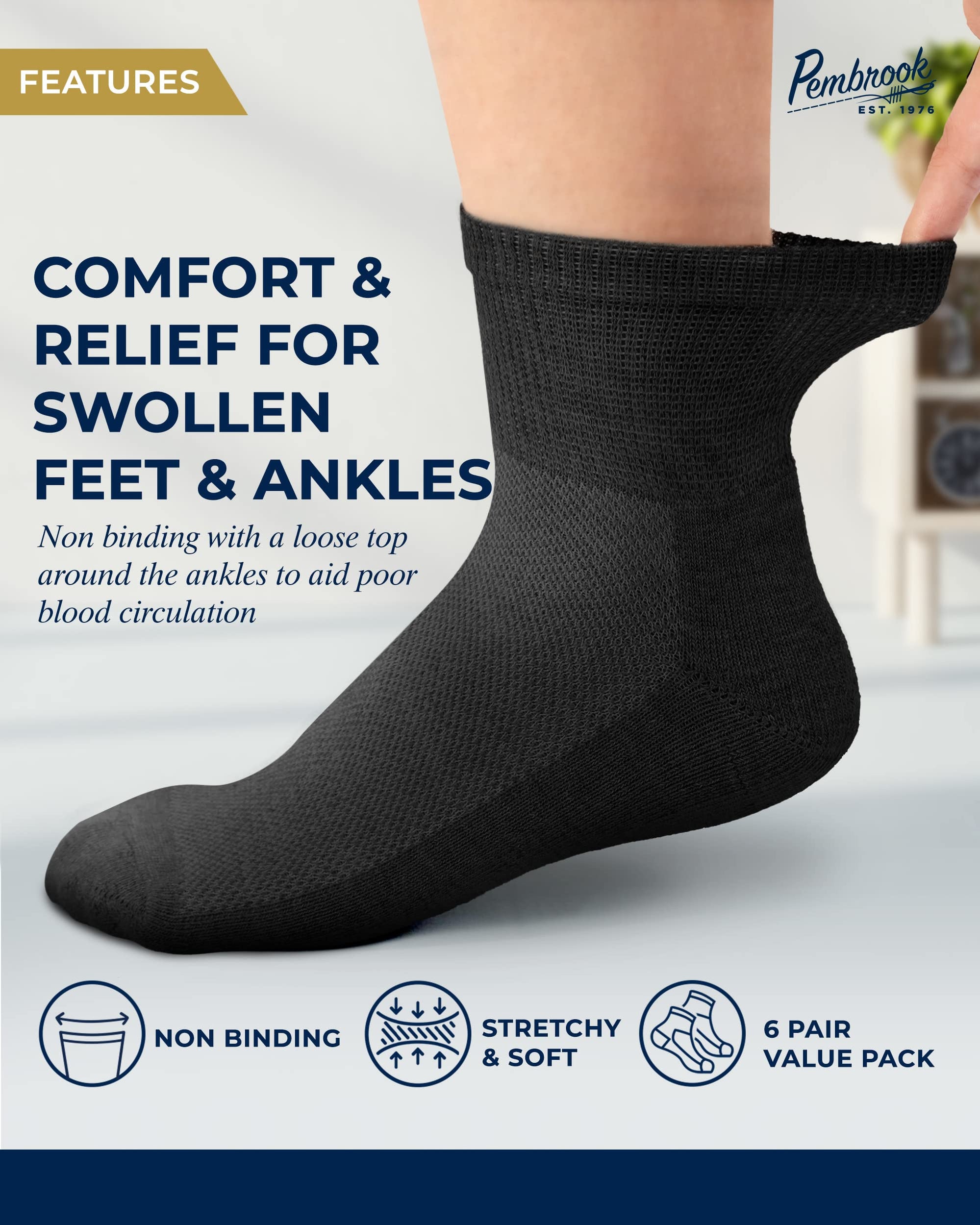 Pembrook Ankle Diabetic Socks for Women & Men 6 Pairs Wide Non Bin