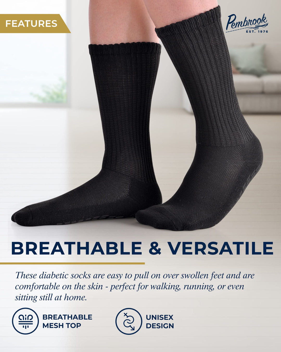 Pembrook Diabetic Socks with Grippers: 6 Pairs | 12 colors