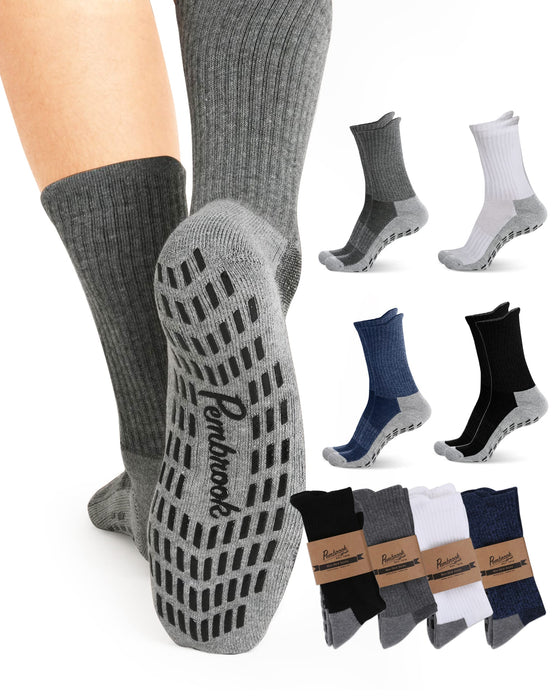 Non Skid Crew Socks - (4 Pairs) - Anti Slip Socks for Barre Yoga Pilates Maternity Pregnancy Hospital Adults Men Women