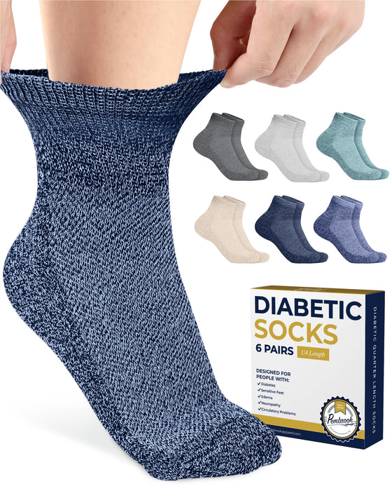 Pembrook Ankle Diabetic Socks for Women & Men | 6 Pairs | Wide Non Binding Socks Quarter Length | Edema Neuropathy Socks