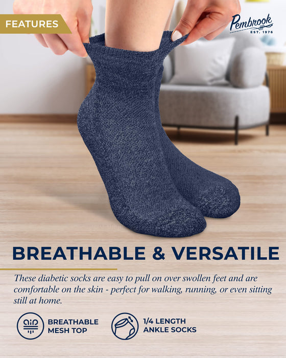 Pembrook Ankle Diabetic Socks for Women & Men | 6 Pairs | Wide Non Binding Socks Quarter Length | Edema Neuropathy Socks