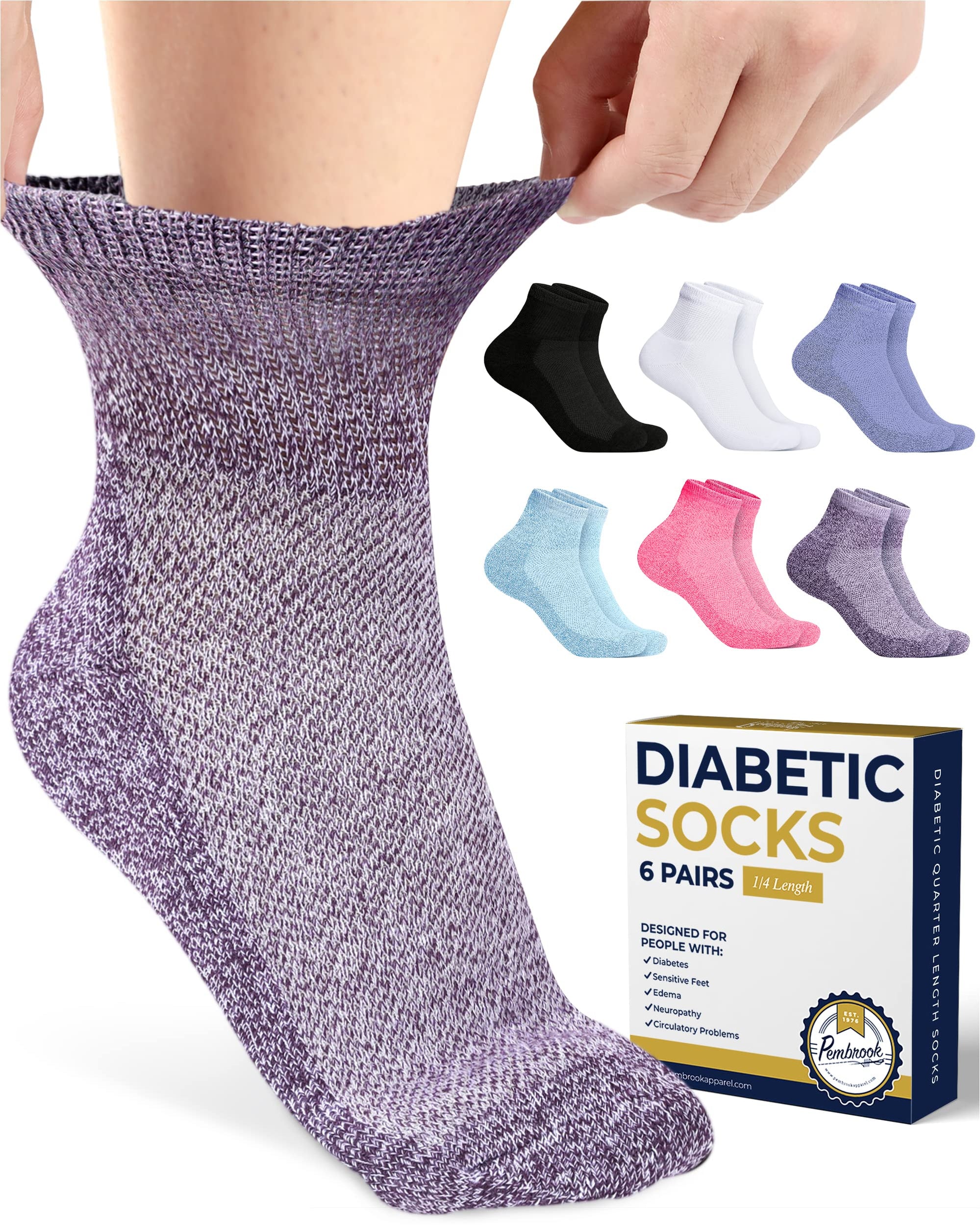 Pembrook Ankle Diabetic Socks for Women & Men 6 Pairs Wide Non Bin